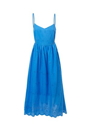 Blaues ärmelloses Kleid mit figurbetontem Oberteil, lockerem Rock, Blumenstickerei und einem gewellten Saum. Hergestellt aus leichtem Baumwollstoff.