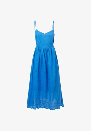 Blaues ärmelloses Kleid mit figurbetontem Oberteil, lockerem Rock, Blumenstickerei und einem gewellten Saum. Hergestellt aus leichtem Baumwollstoff.