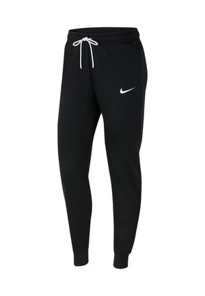 Sorte Nike joggingbukser med hvid snøre og hvid Nike swoosh-logo på venstre lår, elastisk talje og tætsiddende manchetter.