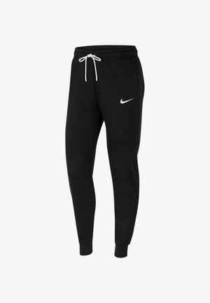 Pantalon de jogging noir Nike avec cordon blanc et logo blanc Nike swoosh sur la cuisse gauche, taille élastique et poignets ajustés.
