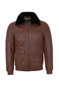 Braune Lederjacke mit schwarzem Schafslederkragen, Front-Reißverschluss, geknöpften Klappentaschen sowie gerippten Bündchen und Saum.