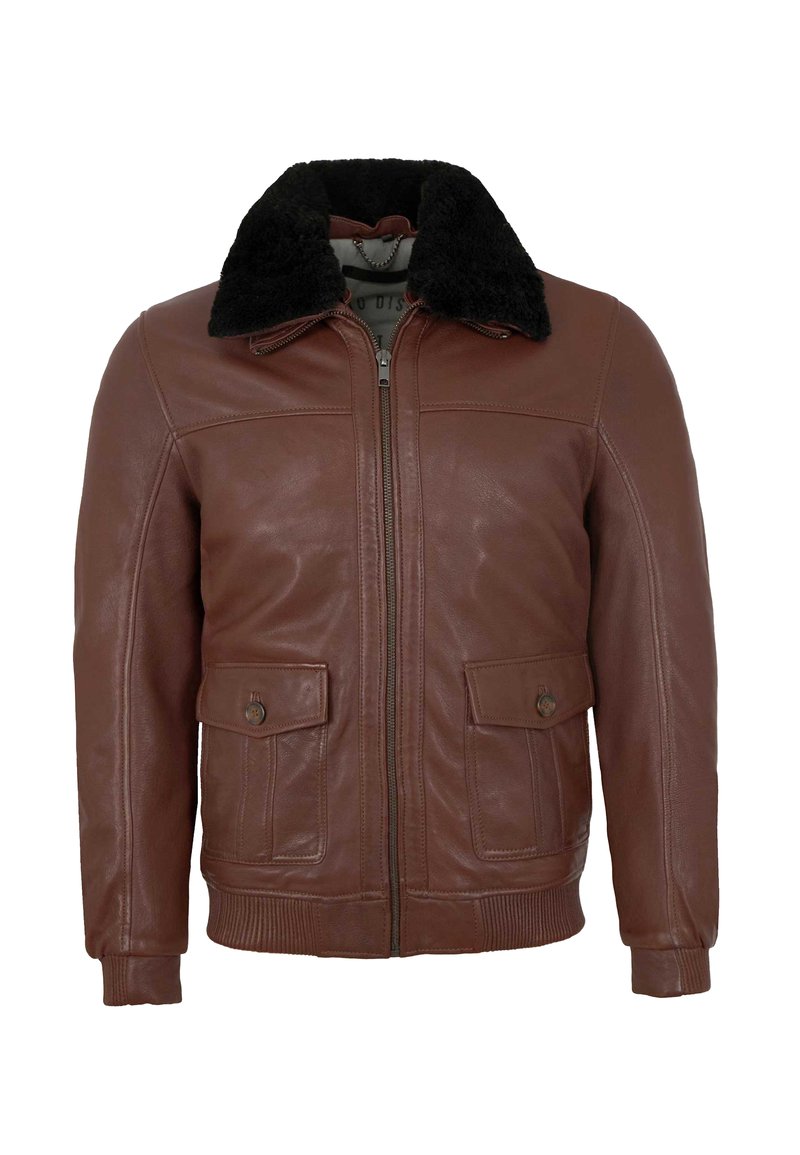 Braune Lederjacke mit schwarzem Schafslederkragen, Front-Reißverschluss, geknöpften Klappentaschen sowie gerippten Bündchen und Saum.
