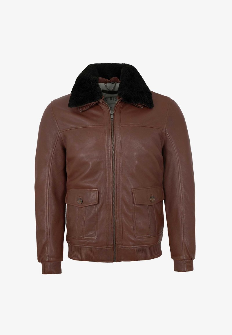 Braune Lederjacke mit schwarzem Schafslederkragen, Front-Reißverschluss, geknöpften Klappentaschen sowie gerippten Bündchen und Saum.