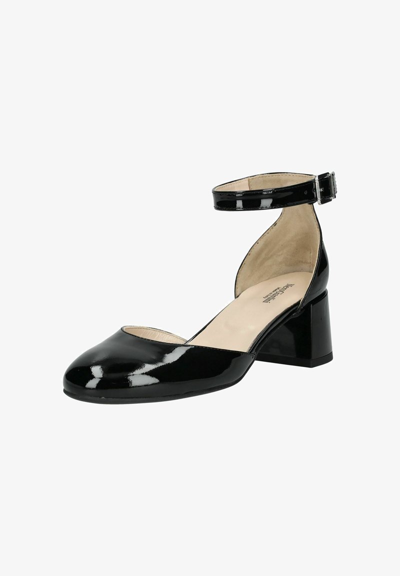 Stivale nero in vernice con tacco alto e cinturino alla caviglia, punta arrotondata e tacco a blocco. Texture liscia e design minimalista.