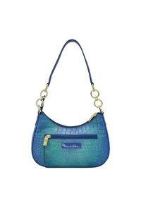 Krokodillenpatroon handtas van synthetisch materiaal in een verloop van blauw en groen, met een gouden hardware schouderband en een ritssluiting voorkantvak.