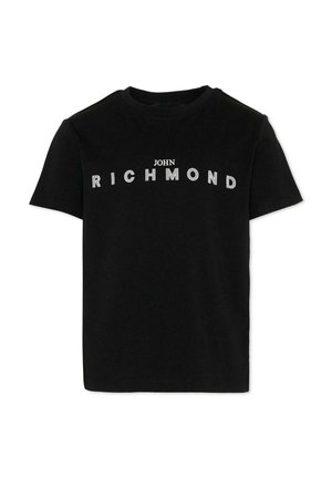 Zwart T-shirt met korte mouwen, bedrukt met de tekst "JOHN RICHMOND" in witte letters op de borst.
