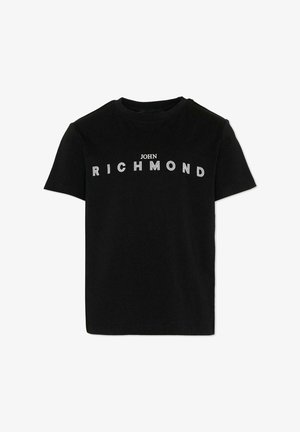 Zwart T-shirt met korte mouwen, bedrukt met de tekst "JOHN RICHMOND" in witte letters op de borst.