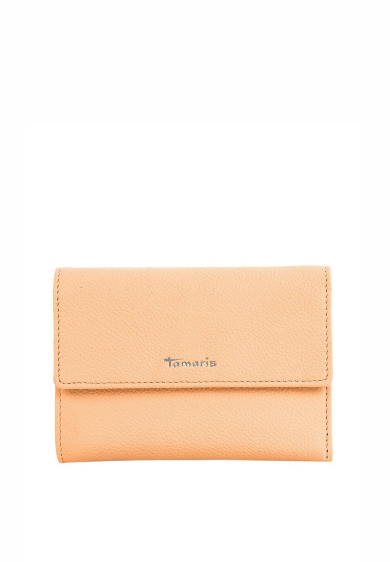 Tan leather wallet with a textured finish, features a silver logo, fold-over design, and contrasting stitching. Compact rectangular shape.