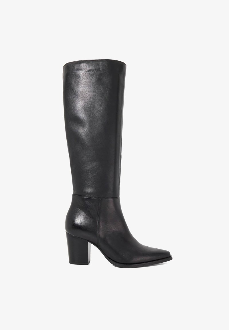 Black leather knee-high boot with a square toe and a chunky block heel. Smooth texture with no visible embellishments or patterns.