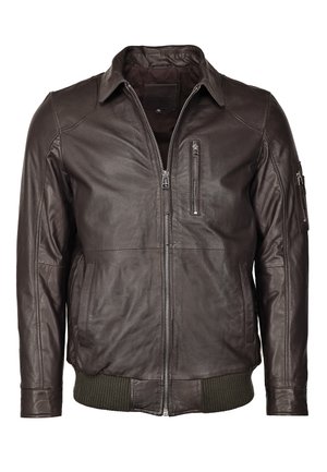 Braune Lederjacke mit einem Reißverschluss an der Vorderseite, zwei Seitentaschen, einer Brusttasche und gerippten Strickbündchen sowie einem gerippten Saum. Glatte Textur.