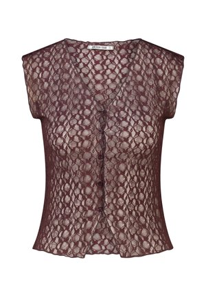 Kort mouw, bruine kanten blouse met een V-hals en knopen aan de voorkant, met een bloemenpatroon en een label met de tekst "America Today."