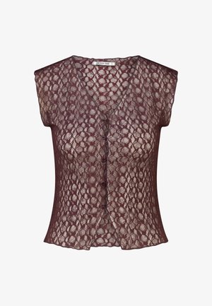 Kort mouw, bruine kanten blouse met een V-hals en knopen aan de voorkant, met een bloemenpatroon en een label met de tekst "America Today."