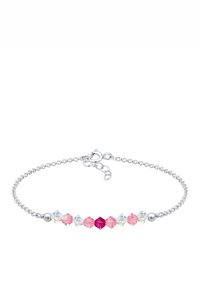 Pulsera de cadena de plata que presenta cuentas hexagonales alternadas en color rosa y transparente, con acentos redondos de plata y un cierre de clasp seguro.
