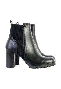 Botas negras hasta el tobillo con un acabado de cuero suave y tejido acanalado texturizado, con un tacón grueso y suela de goma con estrías.