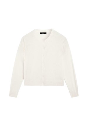 Cardigan blanc à manches longues avec un col rond et huit boutons sur le devant, fabriqué à partir d'un tissu doux et léger.