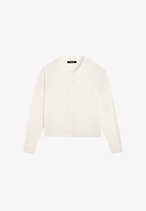 White, long-sleeve cardigan with a round neckline and eight buttons down the front, made from a soft, lightweight fabric.