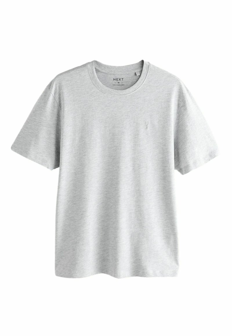 Grå kortærmet T-shirt lavet af bomuld. Rund halsudskæring, afslappet pasform, med et diskret broderet logo på venstre bryst. Blød tekstur.