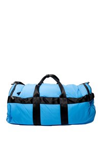 Sac de sport bleu avec des poignées noires, forme arrondie, texture matelassée, fermeture éclair et poignées de transport doubles. Design léger et durable.