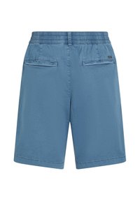 Blauwe shorts met een elastische tailleband, voorzien van twee achterzakken, een soepele textuur en een rechte snit.