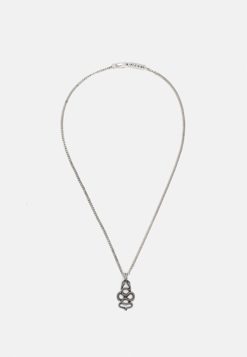 Silver chain necklace with a textured pendant featuring intertwined loops and a decorative spiral at the bottom. Minimalist design.