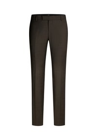Braune maßgeschneiderte Hosen aus glattem Stoff mit geradem Schnitt, flachem Vorderteil und Gürtelschlaufen. Einfaches Design ohne Muster oder Akzente.