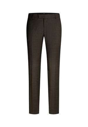 Pantaloni marroni su misura realizzati in tessuto liscio, con taglio dritto, parte frontale piatta e passanti per cintura. Design semplice senza motivi o accenti.