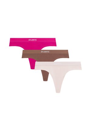 Trzy bezszwowe damskie stringi w kolorach różowym, brązowym i beżowym, każde z napisem "ATLANTIC" na pasku.