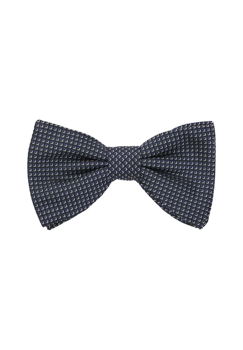 Papillon blu navy con un motivo testurizzato di piccoli quadrati bianchi. Il tessuto appare intrecciato e leggermente strutturato, con un nodo centrale.