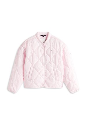 Ροζ μπουφάν με φουσκωτό ύφασμα, στρογγυλή λαιμόκοψη, κουμπιά πατιλέτας και πλαϊνές τσέπες. Διαθέτει λεία υφή και μοτίβο από διαμάντια σε όλη την επιφάνεια.