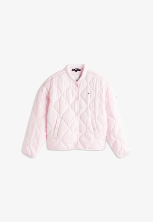 Gesteppte rosa Jacke mit rundem Kragen, Druckknöpfen und Seitentaschen. Verfügt über eine glatte Textur und ein durchgängiges Rautenmuster.
