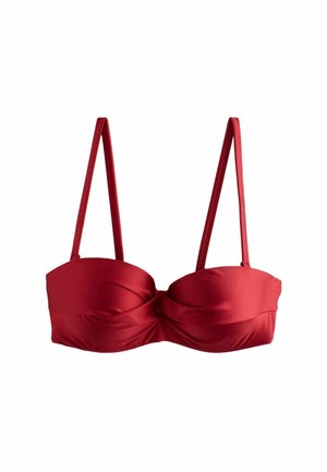 Rotes gepolstertes Bikinioberteil mit dünnen verstellbaren Schulterriemen und leichtem Twist-Detail in der vorderen Mitte.