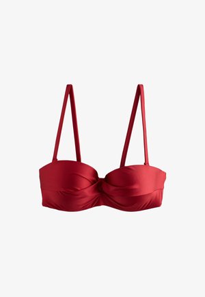 Rotes gepolstertes Bikinioberteil mit dünnen verstellbaren Schulterriemen und leichtem Twist-Detail in der vorderen Mitte.