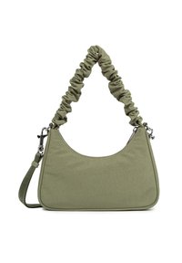 Borsa a mano in tessuto verde oliva con una maniglia arricciata unica, forma arrotondata, chiusura con zip e tracolla regolabile.
