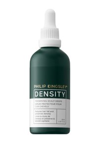 Bottiglia verde con un tappo contagocce bianco, etichettata "Densità", contiene gocce preservanti per il cuoio capelluto. Il testo include i benefici del prodotto e il volume. 85ml.