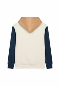 Sudadera con capucha de color beige en la capucha, cuerpo color crema y mangas azules. Tela suave con puños y dobladillo acanalados. Detalle del logo cerca del dobladillo.