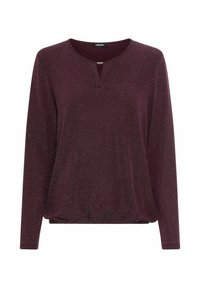 Bordeauxrode top met lange mouwen en een ronde hals, voorzien van een klein sleutelgatdetail en gemaakt van een zachte, gestructureerde stof met subtiele glans.