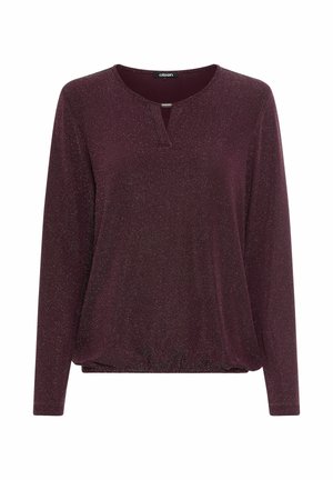 Burgundy long-sleeve top with a round neckline, featuring a small keyhole detail and a soft, textured fabric with subtle shimmer.