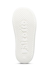 Suola di scarpa in gomma bianca con motivo di presa texturizzato e il marchio impresso "Falcotto". Forma arrotondata con una leggera curvatura al tallone.