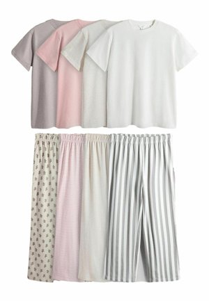 Vier kurzärmelige T-Shirts in gedämpften Pastelltönen kombiniert mit vier Hosen mit elastischem Bund in Blumen-, Streifen- und Uni-Mustern.