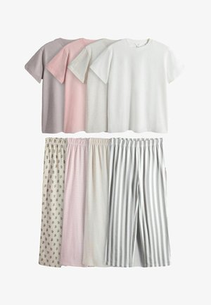 Neli lühikeste varrukatega T-särki summutatud pastelse tooniga, kombineeritud nelja elastse vöökohaga pükstega, millel on lilleline, triibuline ja ühtlane muster.