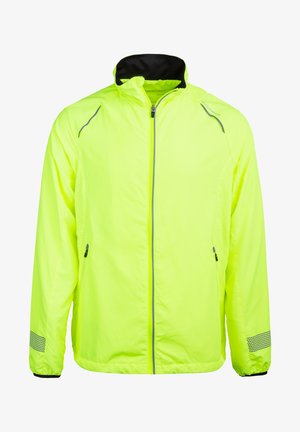 Bright yellow lightweight jacket with a black collar, zip closure, mesh accents, and reflective detailing for visibility. Features side pockets.