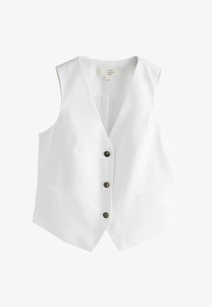 Fehér vászon ujjatlan mellény V-nyakú, elöl három fekete gombbal és két oldalzsebbel.