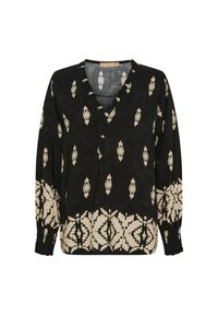 Sort bluse med V-hals, prydet med et cremefarvet geometrisk mønster. Lange ærmer med samlede manchetter og dekorative flæser langs halsudskæringen.