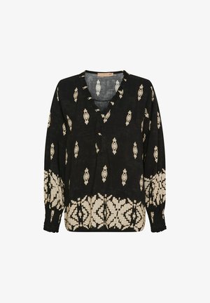 Sort bluse med V-hals, prydet med et cremefarvet geometrisk mønster. Lange ærmer med samlede manchetter og dekorative flæser langs halsudskæringen.