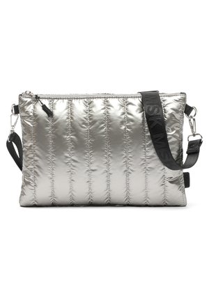 Shiny silver quilted rectangular crossbody bag with black adjustable strap and zipper closure.