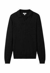 Pulover polo negru cu mânecă lungă, realizat dintr-un material moale, cu decolteu în V și manșete răsucite. Prezintă un guler clasic și un design relaxat.