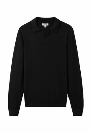 Pulover polo negru cu mânecă lungă, realizat dintr-un material moale, cu decolteu în V și manșete răsucite. Prezintă un guler clasic și un design relaxat.