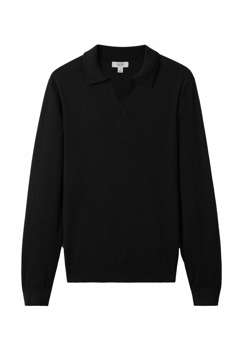Pulover polo negru cu mânecă lungă, realizat dintr-un material moale, cu decolteu în V și manșete răsucite. Prezintă un guler clasic și un design relaxat.