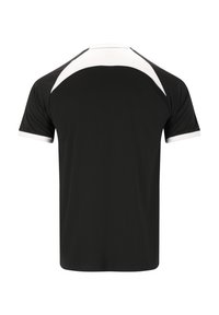 Mustapaitainen lyhythihainen urheilupaita, jossa on valkoiset yksityiskohdat hartioissa, kauluksessa ja hihansuiden kohdalla, esitettynä takaviistosta valkoista taustaa vasten.