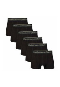 Caleçons en fibre de bambou noir vendus par lot de cinq, avec une ceinture logo verte contrastante et une texture lisse et extensible.